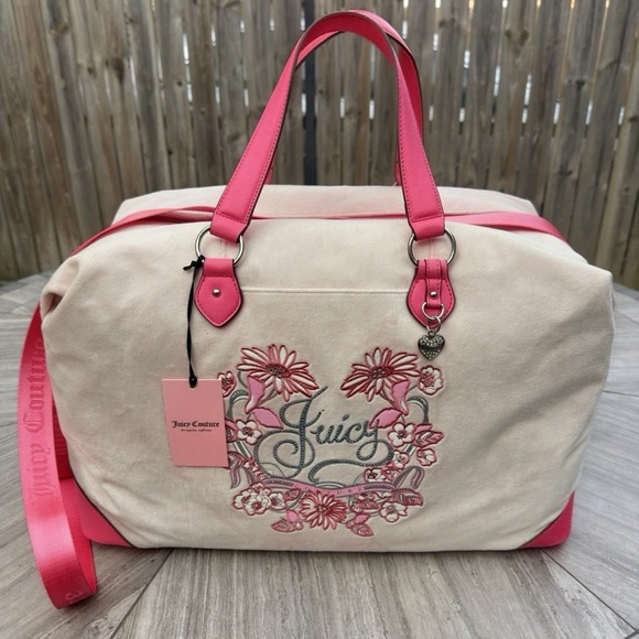 Juicy Couture Handbags - Juicy Couture Cream Canvas Travel Bag with Hot Pink Trim